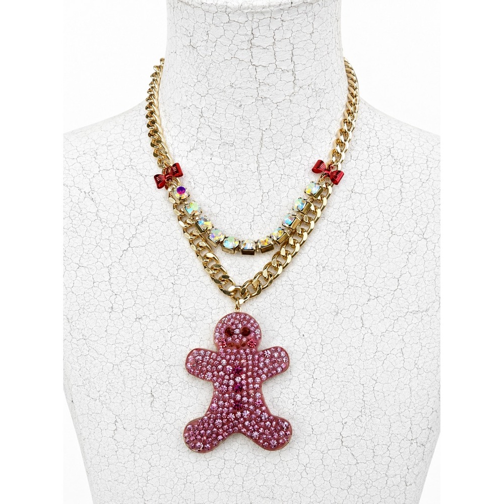 Betsey Johnson Betsey's Holiday Pink Rhinestone Gingerbread Man Necklace‎ Gold